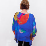 Person wearing a colorful, sheer blouse with a white background