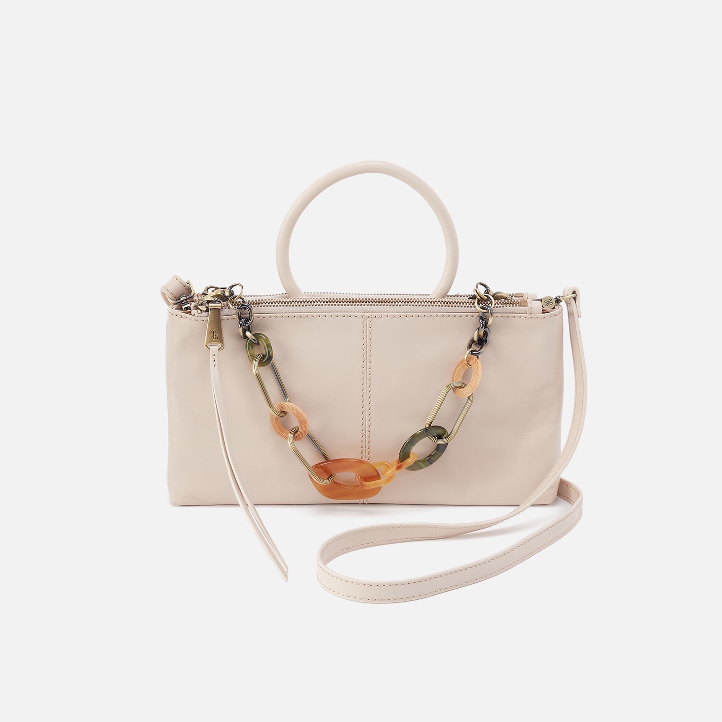 Beige handbag with a chain strap on a white background