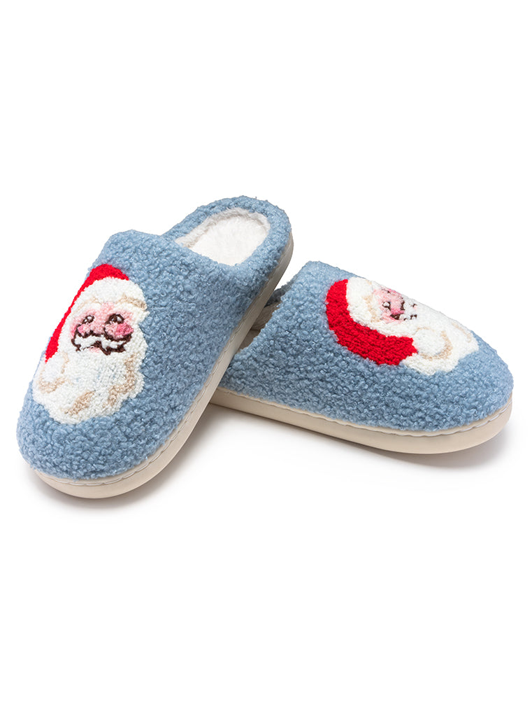 Pair of blue slippers with Santa Claus design on a white background