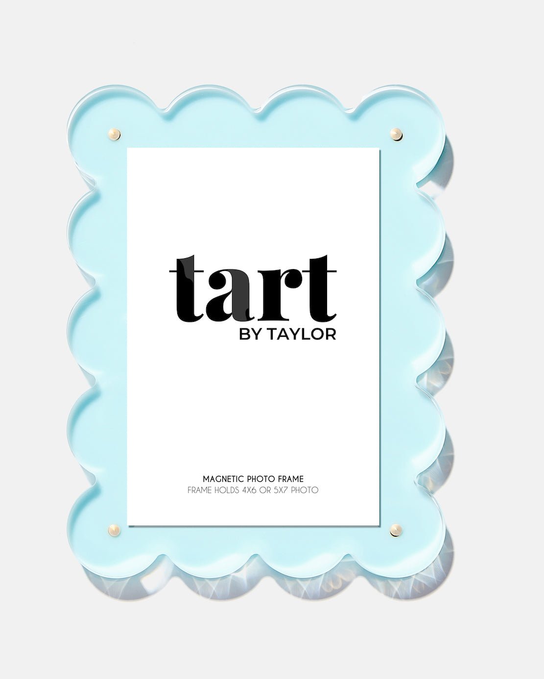 Light blue scalloped photo frame with 'tart by Taylor' branding on a white background