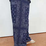 Person wearing blue paisley-patterned pants on a white background