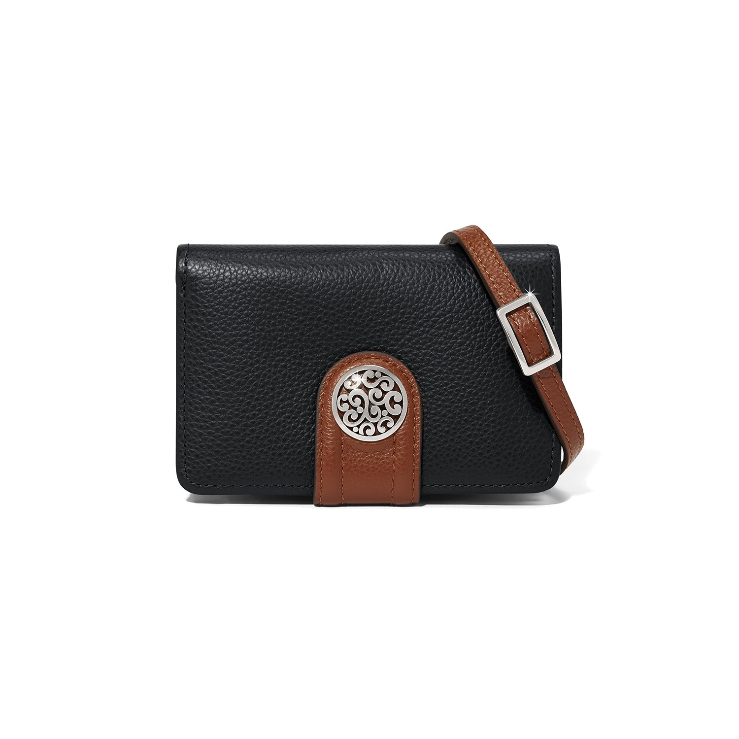Black leather wallet with brown strap and decorative patch on a white background