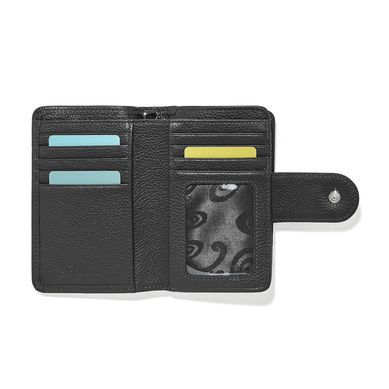 Black leather wallet with card slots on a white background