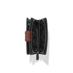 Black wallet with brown strap on a white background
