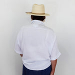 Person wearing a white shirt and a straw hat against a plain background