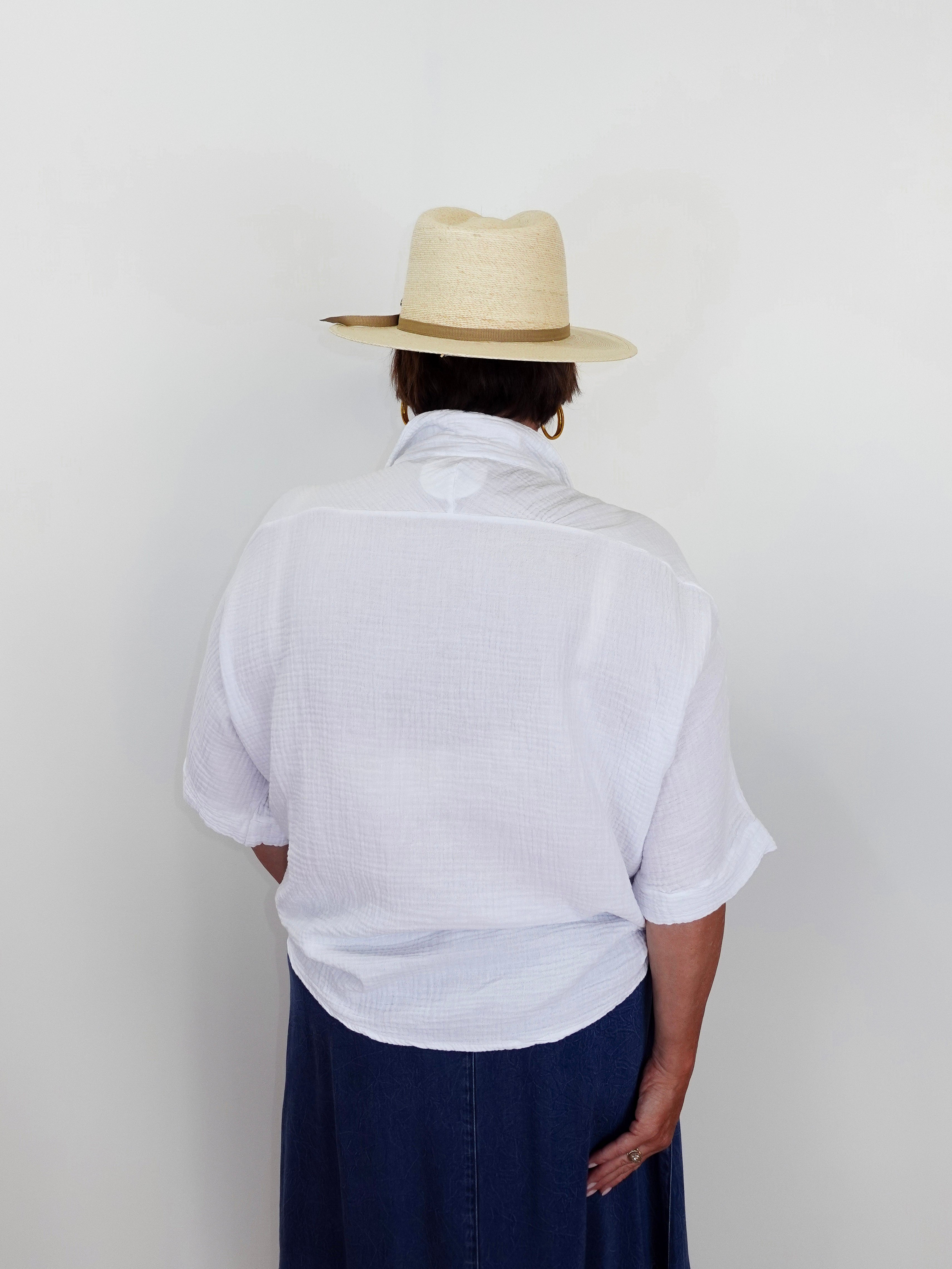 Person wearing a white shirt and a straw hat against a plain background