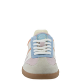 Pastel-colored sneaker with a blue accent on a white background