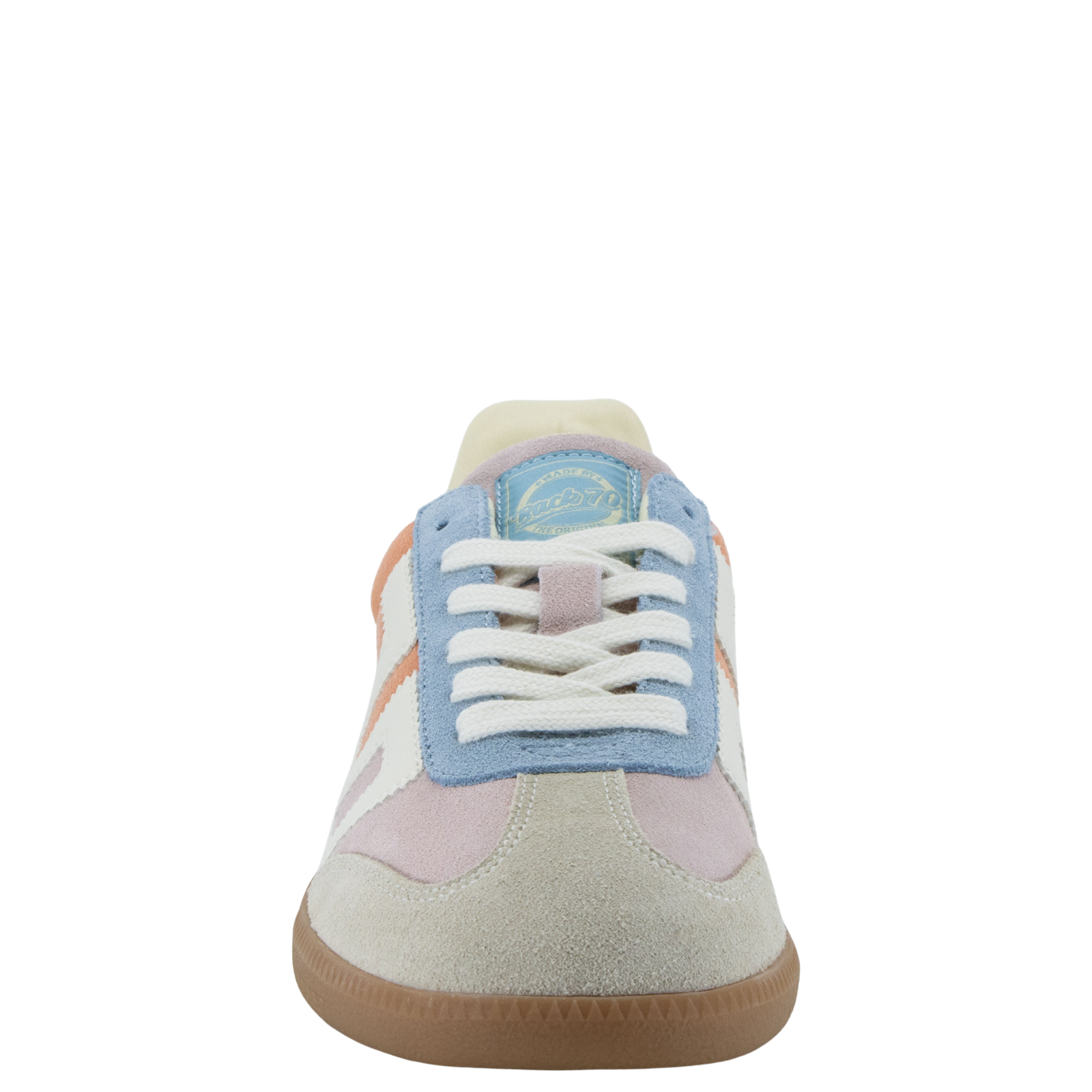 Pastel-colored sneaker with a blue accent on a white background