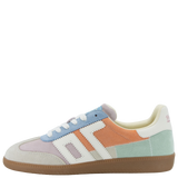 Multicolored sneaker with a white sole on a white background