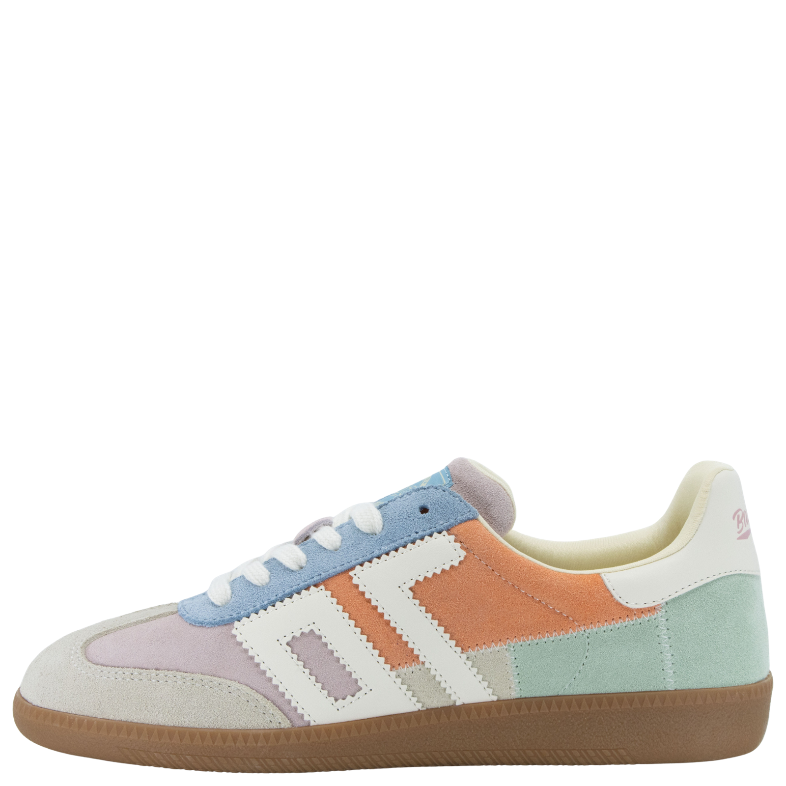 Multicolored sneaker with a white sole on a white background