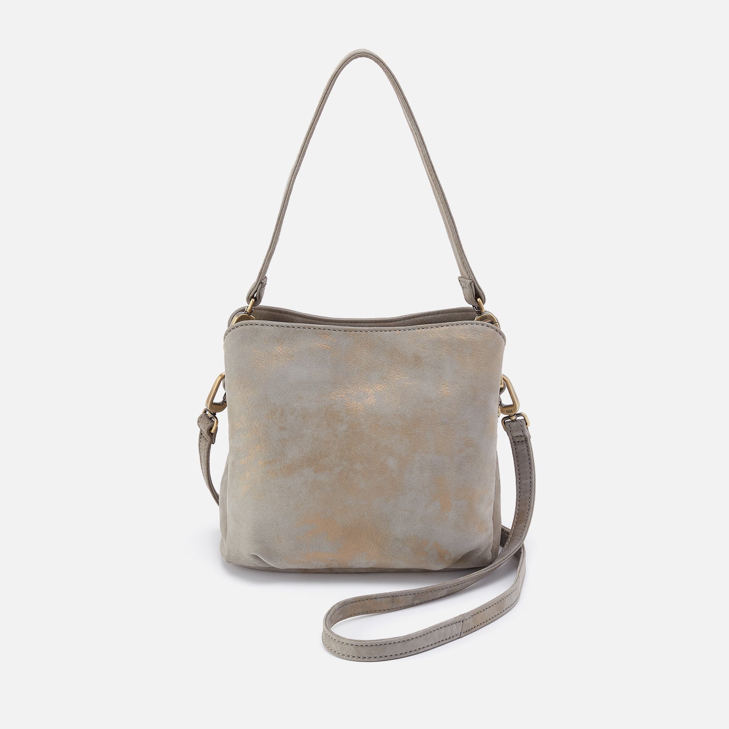 Gray leather handbag with a strap on a white background