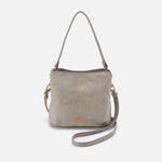Gray leather handbag with a strap on a white background
