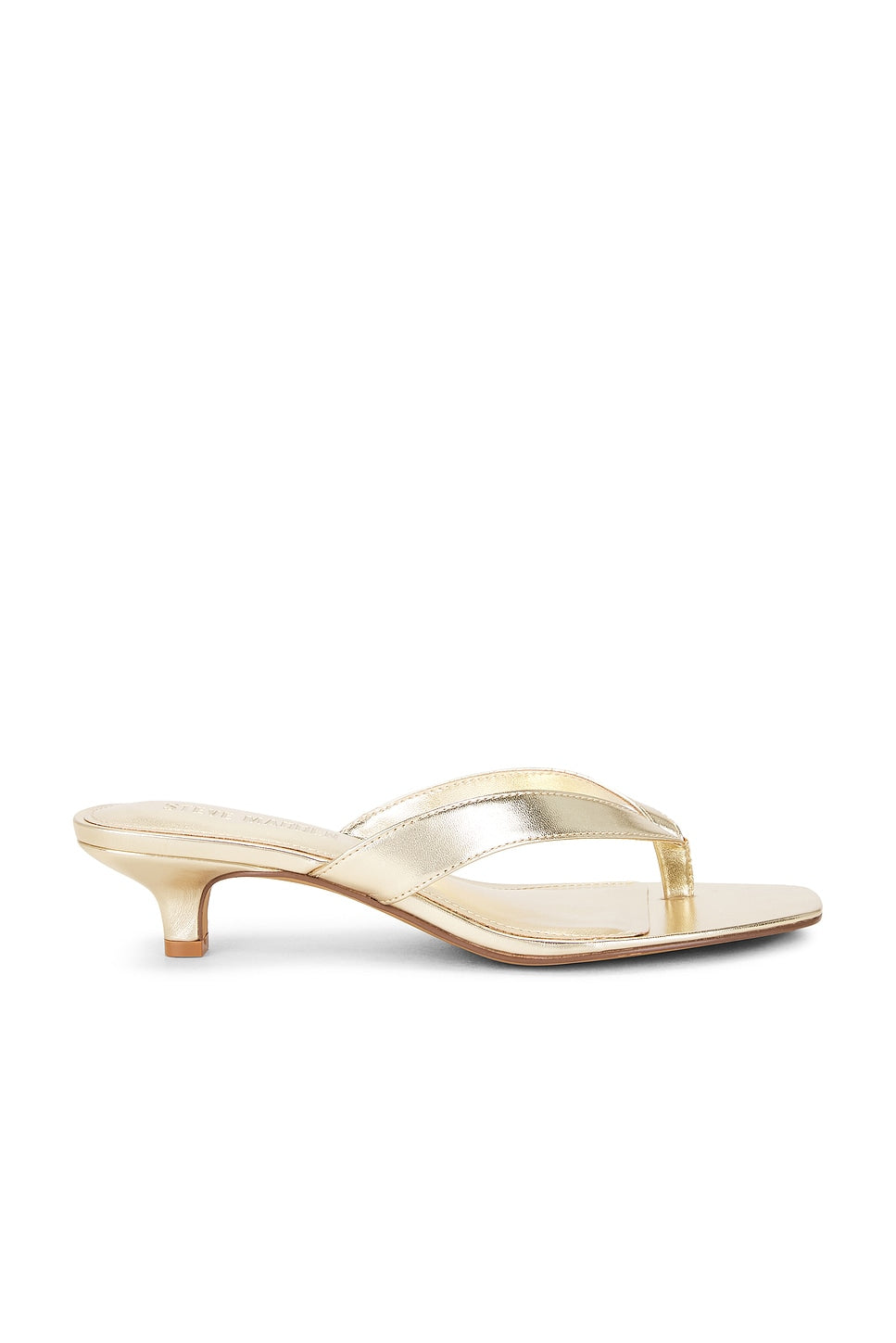 Gold high-heeled sandal on a white background
