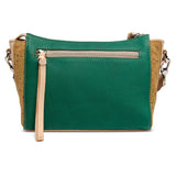 Green handbag with cork accents on a white background