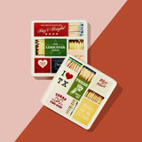 Collection of matchboxes with various designs on a two-tone background