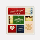 Matches tin with Texas-themed designs and matches inside on a white background