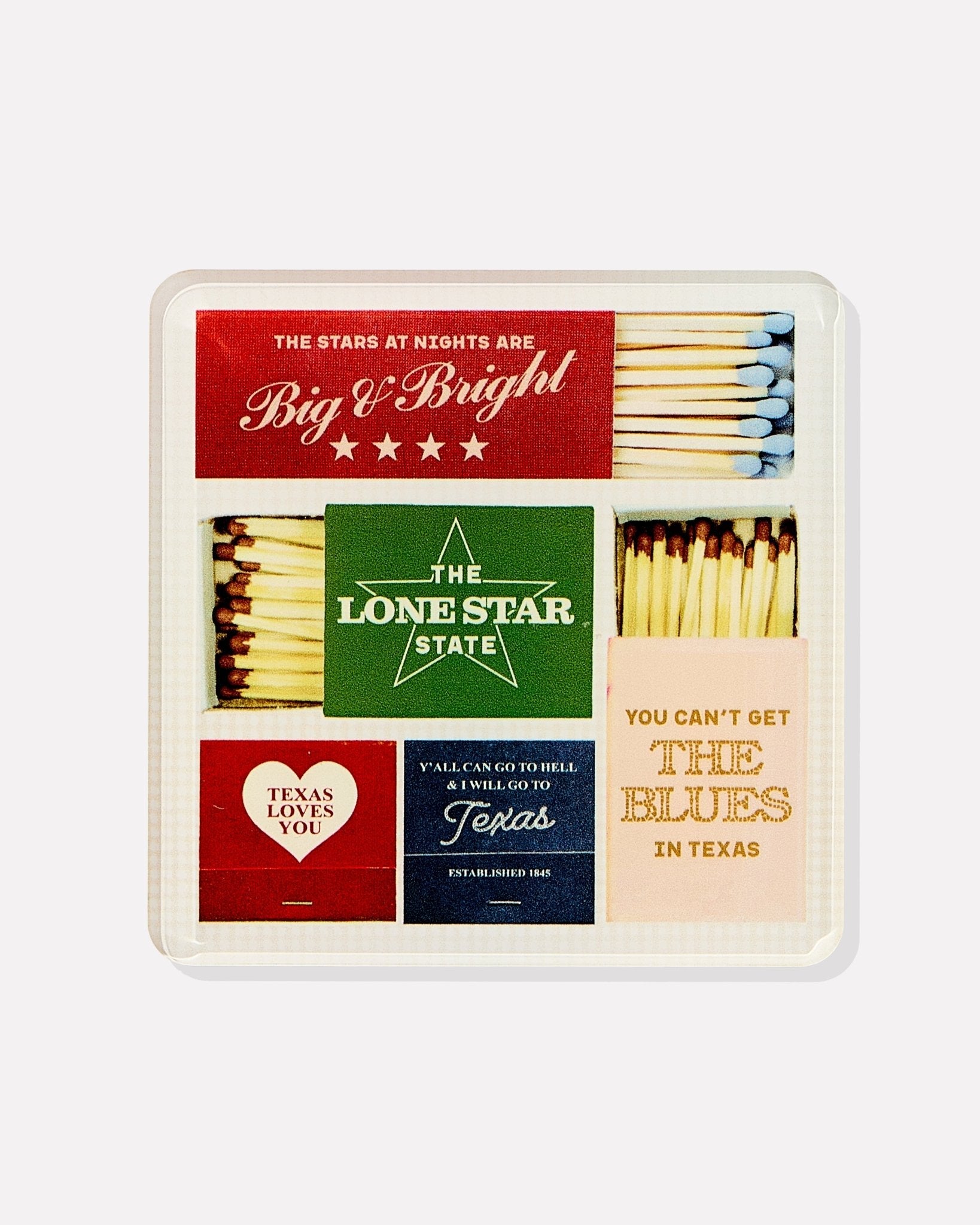 Matches tin with Texas-themed designs and matches inside on a white background