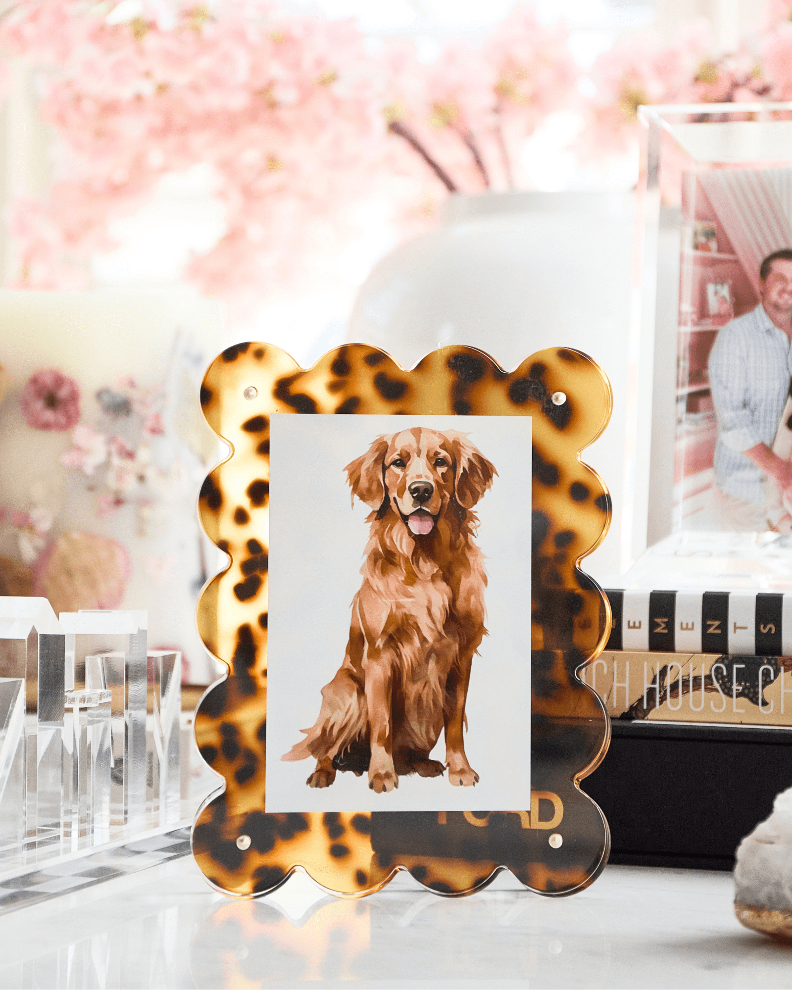 Tortoiseshell photo frame with a dog picture on a desk