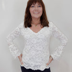 A woman with brown hair is smiling and posing with her hands on her hips, wearing a white lace long-sleeve blouse and dark pants, set against a plain white background.