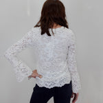 A woman shown from the back wearing a white lace long-sleeve top and dark jeans against a plain light gray wall.