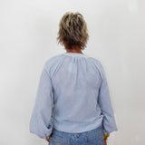 A person viewed from behind wearing a light blue long-sleeve blouse with a gathered neckline and blue jeans, standing against a plain white wall.