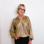 Woman wearing a gold metallic blouse and black pants against a white background