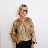 Woman wearing a gold metallic blouse and black pants against a white background