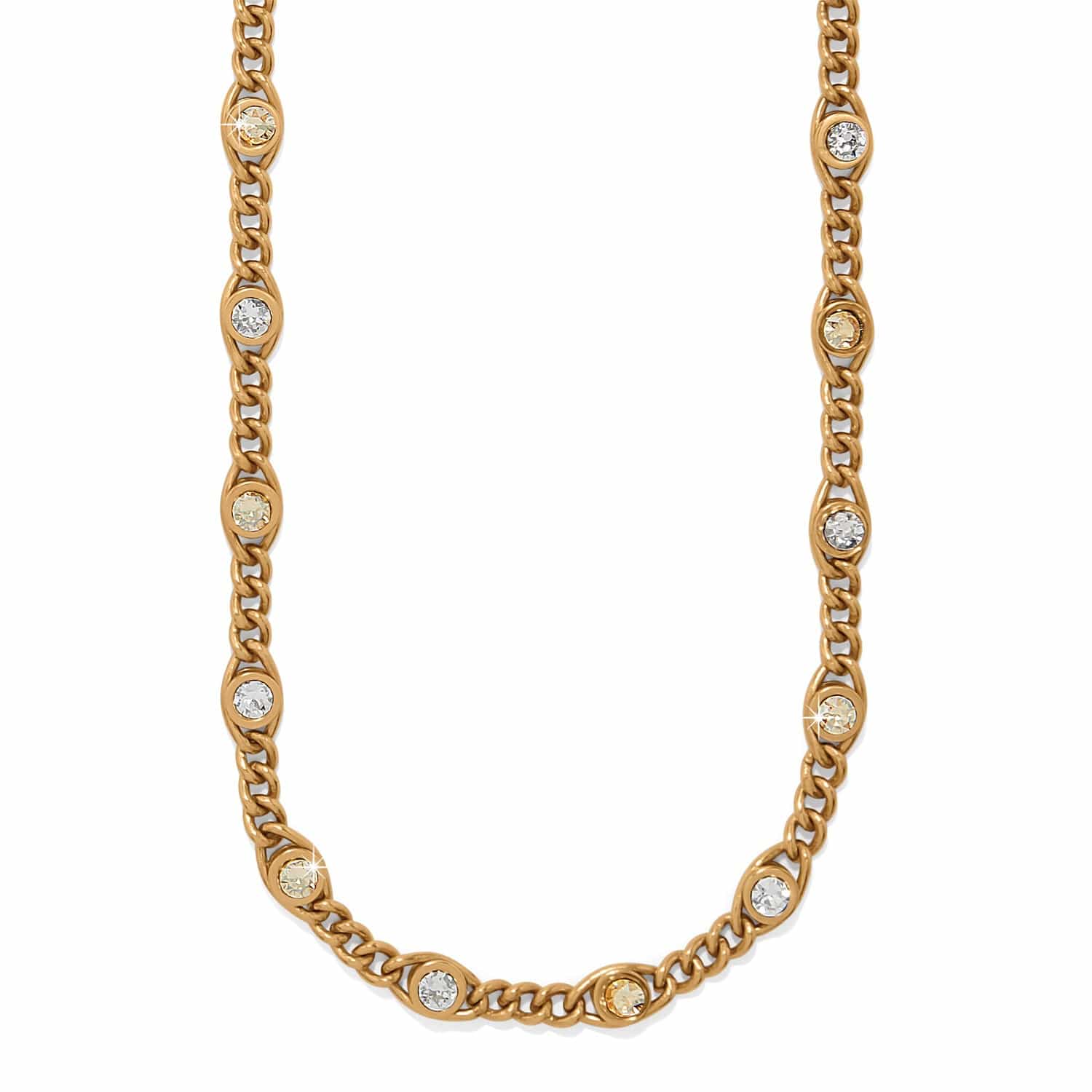 Gold chain necklace with embedded diamonds on a white background