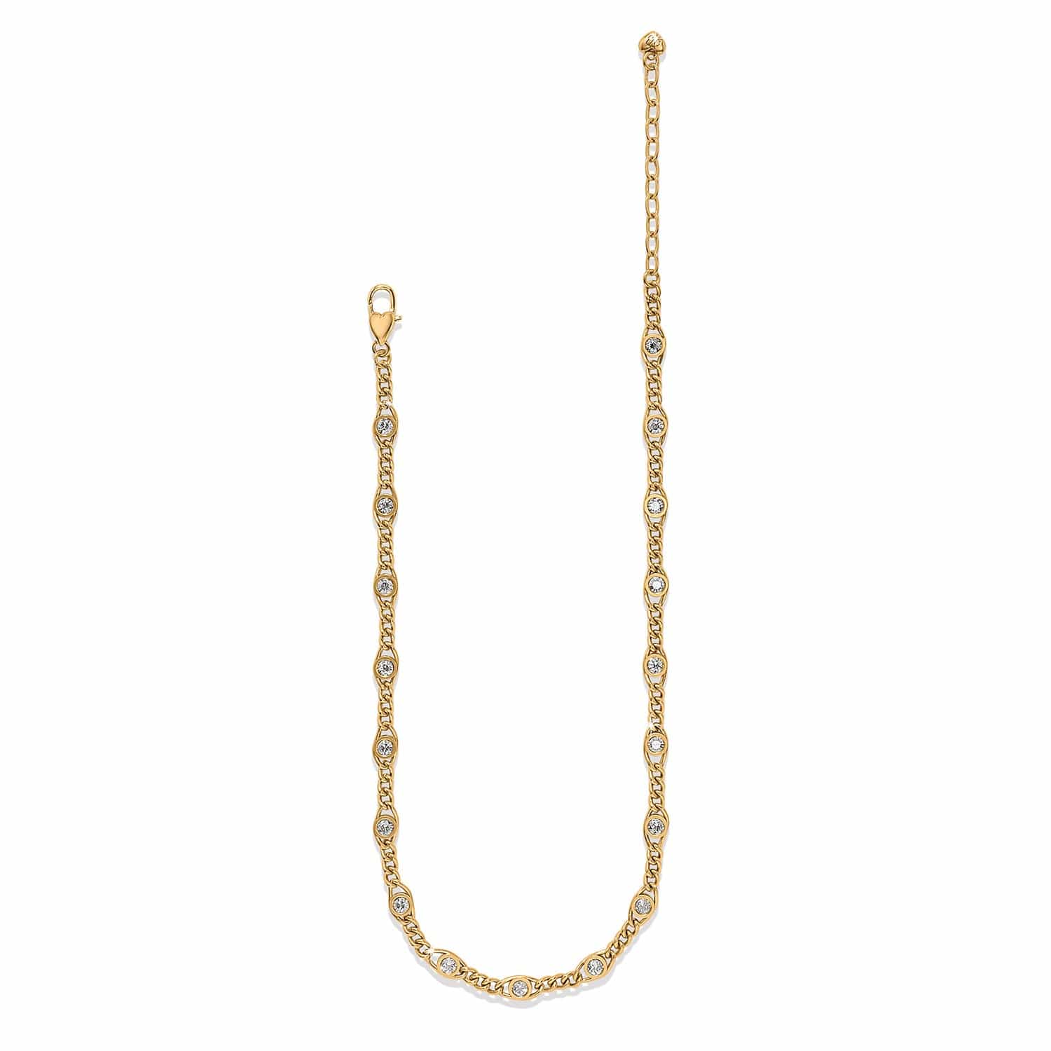 Gold chain necklace with small diamonds on a white background