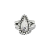Silver ring with a teardrop-shaped gemstone on a white background