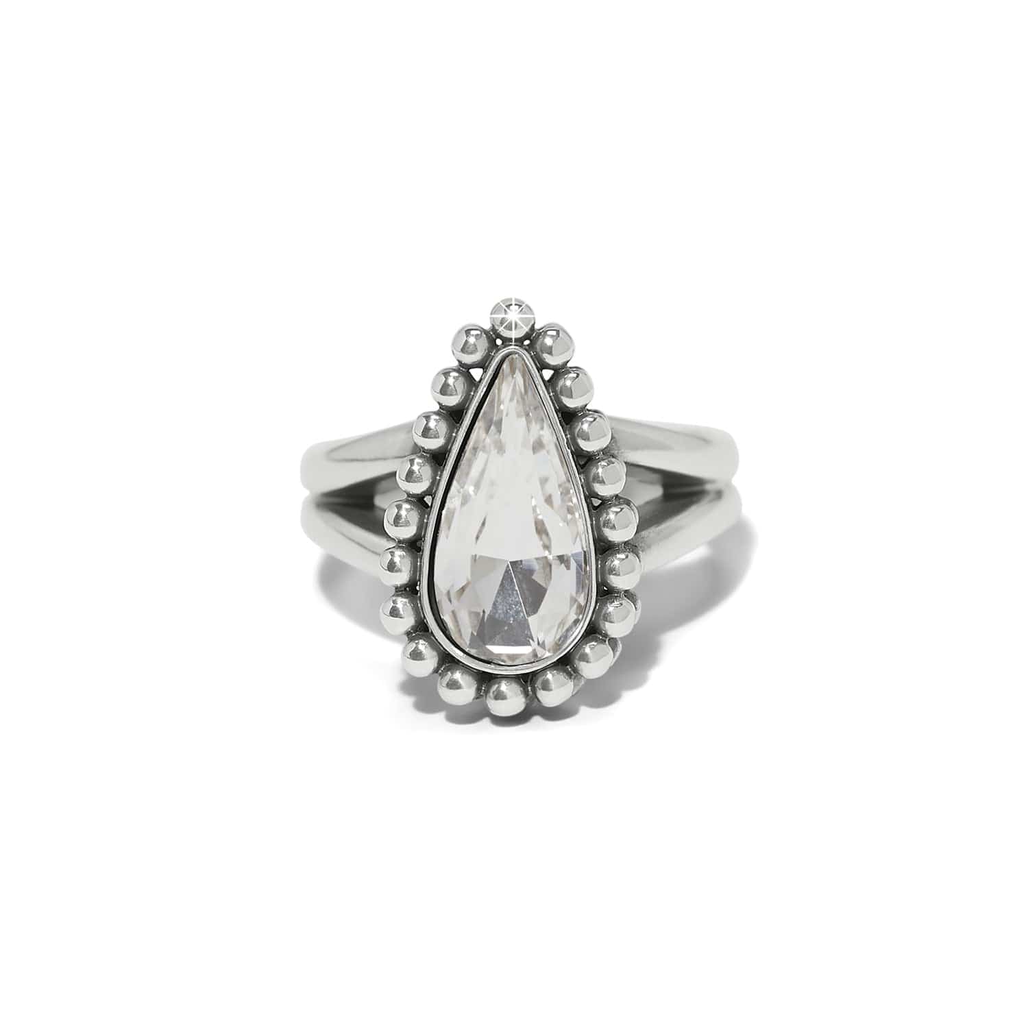 Silver ring with a teardrop-shaped gemstone on a white background