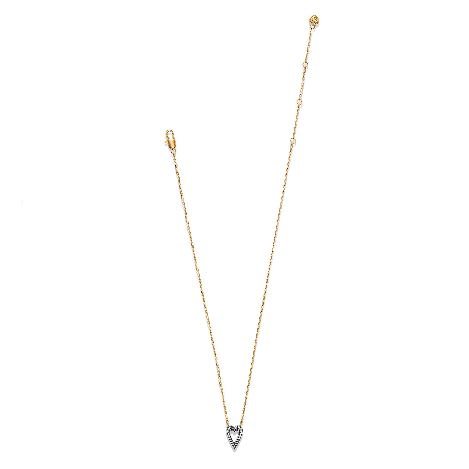 Gold necklace with a heart-shaped pendant on a white background