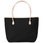 Black tote bag with beige handles on a transparent background