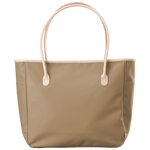 Beige tote bag with white handles on a transparent background