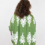 Person wearing a green patterned top with white designs on a white background