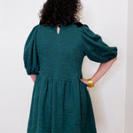 Person wearing a teal dress with puffed sleeves against a white background
