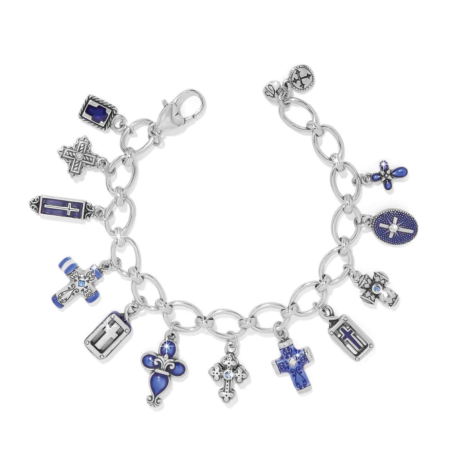 Silver charm bracelet with various charms on a white background