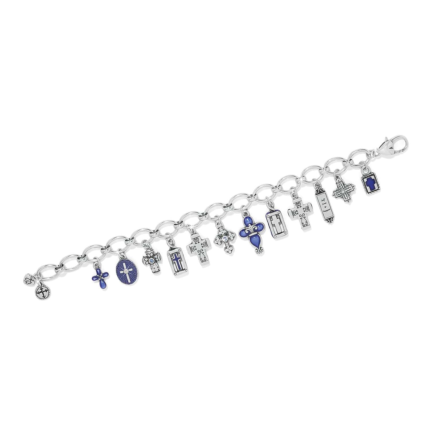 Bracelet with various charms including crosses and a blue pendant on a white background