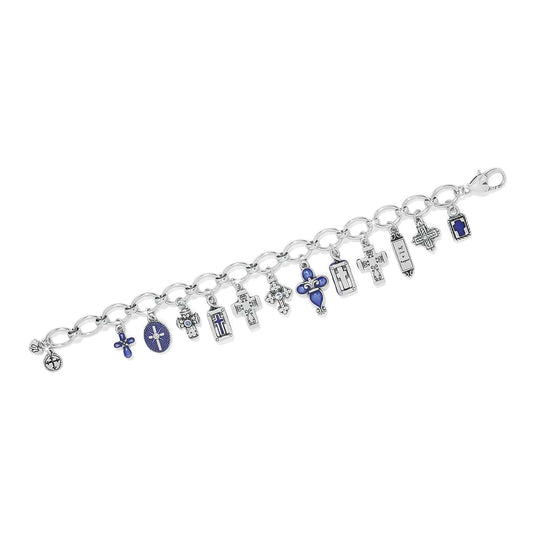 Bracelet with various charms including crosses and a blue pendant on a white background