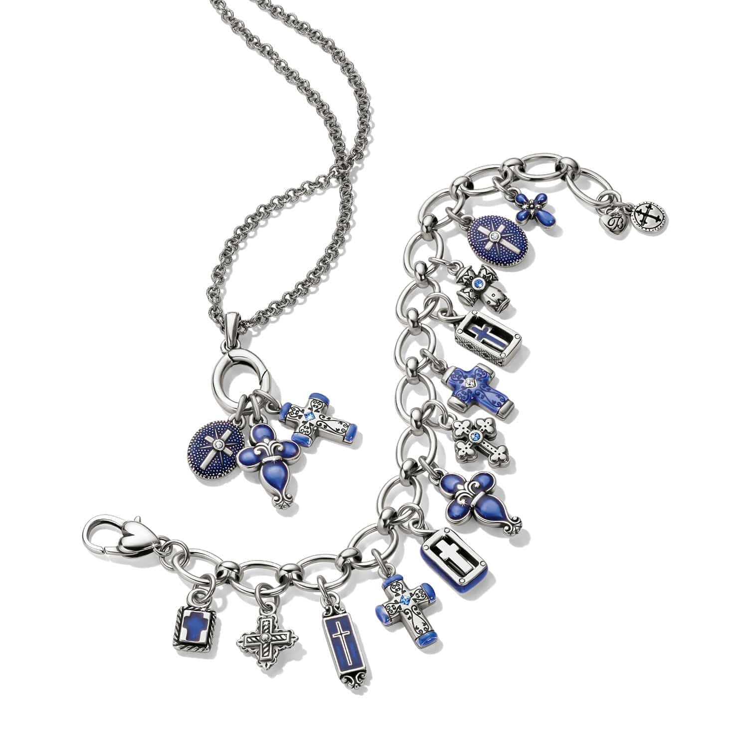 Silver necklace with blue and silver charms on a white background