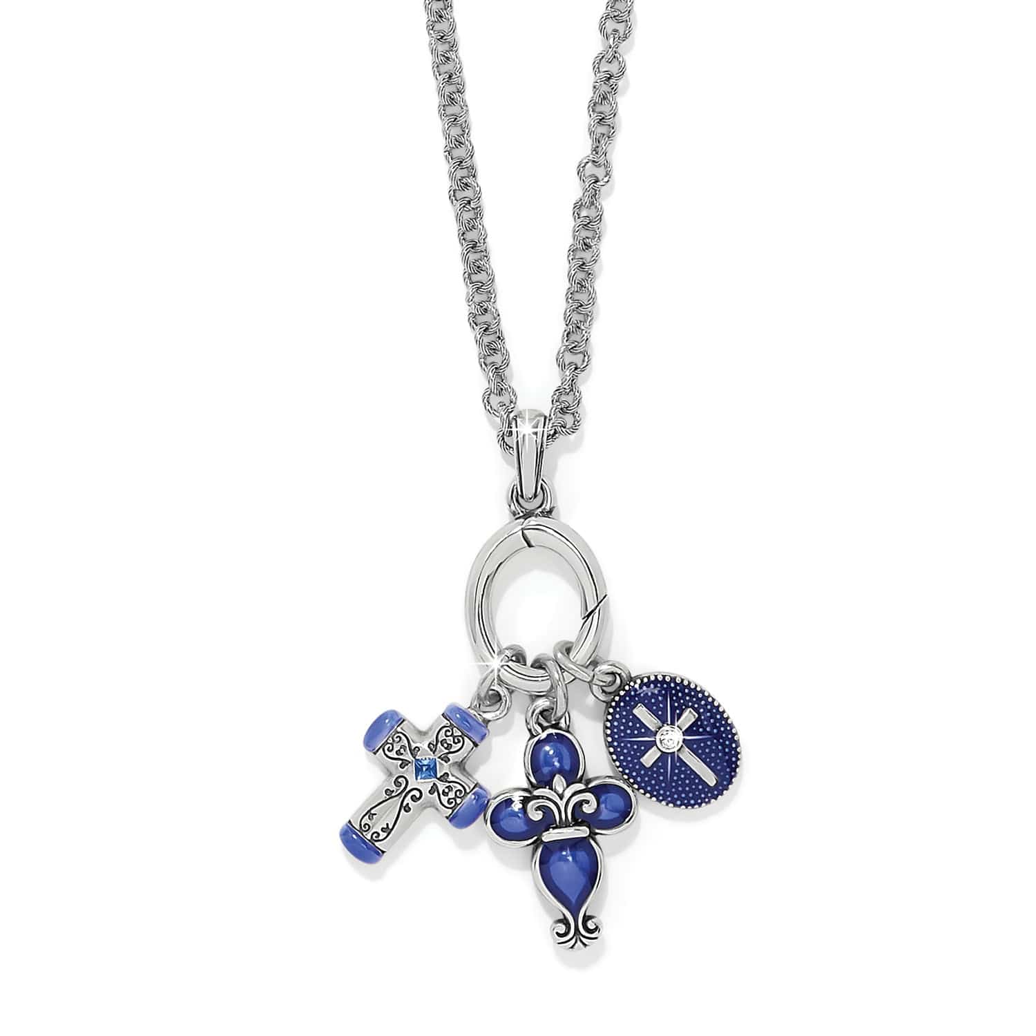 Necklace with blue and silver charms on a white background