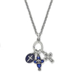 Necklace with blue pendant and cross charms on a white background