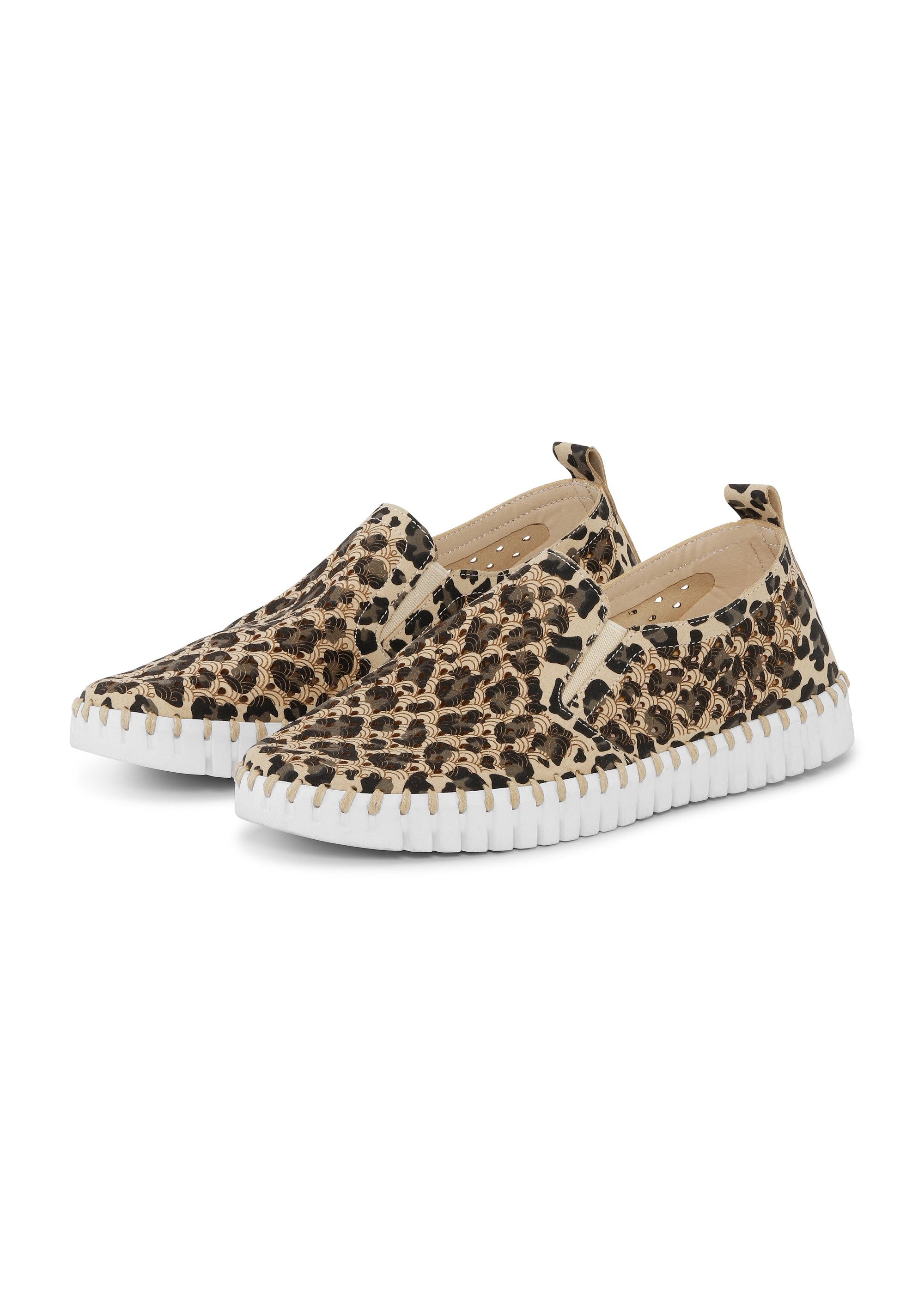 Leopard print slip-on shoes with white soles on a white background