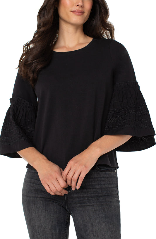 3/4 Sleeve Embroidered Knit Woven Top