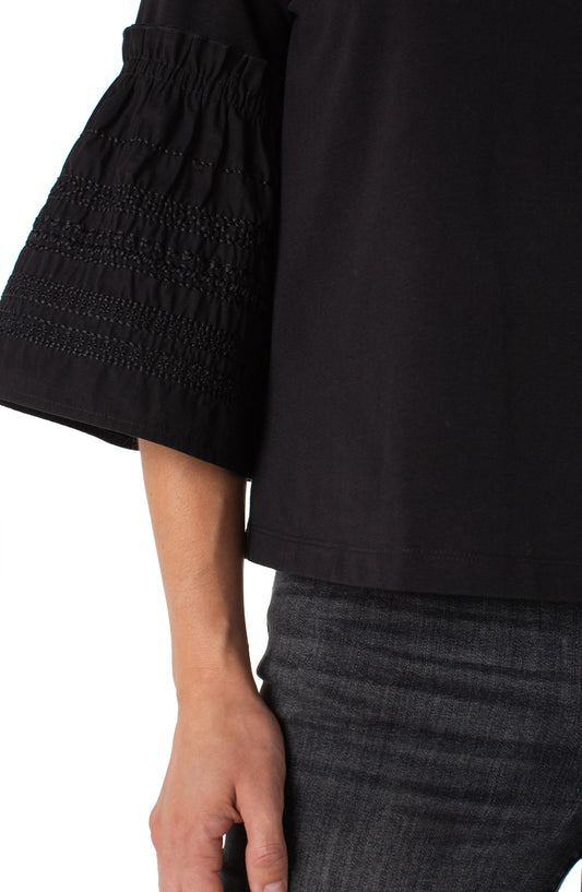 3/4 Sleeve Embroidered Knit Woven Top