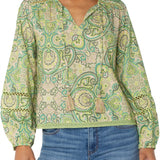 L/S Shirred Woven Tie Front Blouse