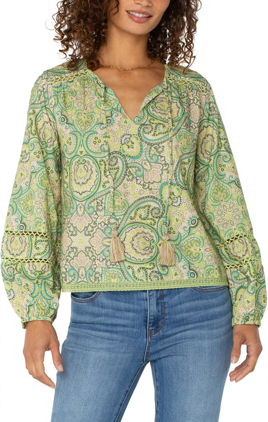 L/S Shirred Woven Tie Front Blouse