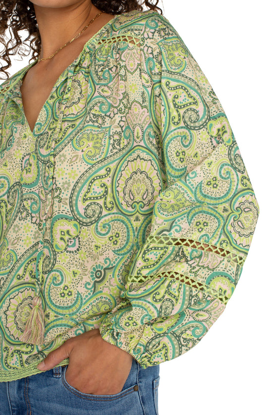 L/S Shirred Woven Tie Front Blouse