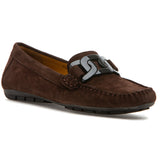 Brown suede loafer with a logo on a white background