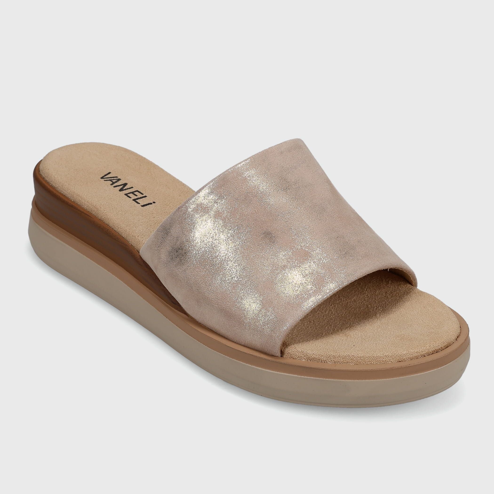 Beige sandal with metallic finish on a light gray background